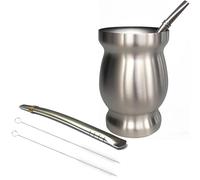 Beruth 8oz Yerba Mate Cup, Double Wall 304 Stainless Steel Mate Gourd, Heat Insulated Mug & Anti-Scalding Design, Includes 2 Straws & Cleaning Brush （Silver）
