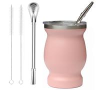 Beruth Bombilla Yerba Mate Gourd, 8oz Stainless Steel Tea Cup Set with a Multifunctional Lid, Two Straws and Cleaning Brushes, Double Walled Coffee Mug Heat Insulation Anti Scalding （Peachy Pink）