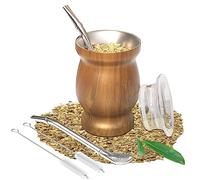 Beruth Bombilla Yerba Mate Gourd, 8oz Stainless Steel Tea Cup Set with a Multifunctional Lid, Two Straws and Cleaning Brushes, Double Walled Coffee Mug Heat Insulation Anti Scalding BR2301 (Brown)