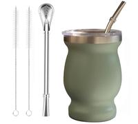 Beruth Bombilla Yerba Mate Gourd, 8oz Stainless Steel Tea Cup Set with a Multifunctional Lid, Two Straws and Cleaning Brushes, Double Walled Coffee Mug Heat Insulation Anti Scalding (Avocado Green)