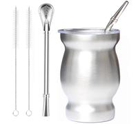 Beruth Bombilla Yerba Mate Gourd, 8oz Stainless Steel Tea Cup Set with Lid, Two Straws and Cleaning Brushes, Double Walled Coffee Mug Heat Insulation Anti Scalding （Bright Silver）