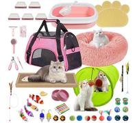 BERXOL 47PCS Kitten Essentials Starter Kit, Ideal for Cats Under 6 Months, Featuring 21-Piece Toy Set, Bed, Carrier, Litter Box, Bowls & More, Perfect for New Cat Owners - Pink