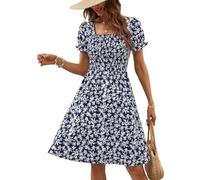 Berydress Women's Summer Dresses with Pockets Short Sleeve Square Neck Flowy A Line Casual Boho Smocked Mini Sun Dress, Navy Flower, M