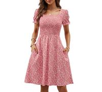 Berydress Women's Summer Dresses with Pockets Short Sleeve Square Neck Flowy A Line Casual Boho Smocked Mini Sun Dress, Pink Flower, S
