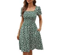Berydress Women's Summer Dresses with Pockets Short Sleeve Square Neck Flowy A Line Casual Boho Smocked Mini Sun Dress, Green Flower, M