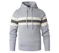 Beryielite Men's Hooded Sweater Knitted Pullover Long Sleeve Stripe Jumper Drawstring Knitwear Light Grey