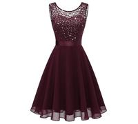 Berylove Cocktail Dress Women's Evening Dresses Elegant for Wedding Dress Wedding Guest Chiffon Sleeveless Lace Dress, Glitter Burgundy, XXL