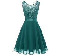 Berylove Cocktail Dress Women's Evening Dresses Elegant for Wedding Dress Wedding Guest Chiffon Sleeveless Lace Dress, Glitter Peacock Green, XL
