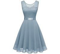 Berylove Cocktail Dress Women's Evening Dresses Elegant for Wedding Dress Wedding Guest Chiffon Sleeveless Lace Dress, Short grey blue, XXL