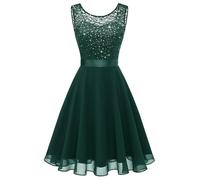 Berylove Cocktail Dress Women's Evening Dresses Elegant for Wedding Dress Wedding Guest Chiffon Sleeveless Lace Dress, Glitter Dark Green, M
