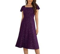 Berylove Cocktail Dress Women's Square Neck Festive Dresses Evening Dress Long Glitter Prom Dresses with Sleeves Wedding Guest Dress, Purple, S
