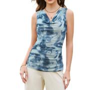 Berylove Cowl Neck Sleeveless Top Ruched Tank Tops for Women Watercolor Printed Beach Y2K Holiday Shirts Print Blue M