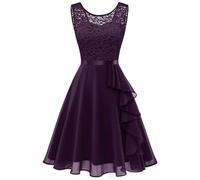 Berylove Dress with Ruffle Hem Cocktail Dress Women's Elegant for Wedding A Line Lace Dress Evening Dress Short, grape, XS
