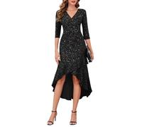 BeryLove Elegant 3/4 Sleeve Fishtail Dress - Glitter V Neck, Festive for Winter, Christmas & New Year's Eve - Black, M