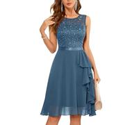 Berylove Elegant Cocktail Dress with Ruffle Hem - Women's Lace A Line Evening Dress, Glitter-grey-blue, XS