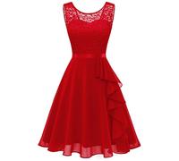 Berylove Red XS Women's Elegant Wedding Cocktail Dress with Ruffle Hem, Above the Knee, Sleeveless, V Back, Square Neck, Mid Waist, Floral Lace, Ruching Detail, Knitted Fabric