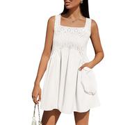 Berylove Women Sleeveless Summer Mini Dress Casual Square Neck Flowy Sundress with Pockets Loose Beach Babydoll Dresses White L