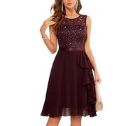 Berylove Women's Adult L Glitter Burgundy A-Line Lace Dress with Ruffle Hem, Knee-Length, V Back, Sleeveless, Round Neck, Cocktail, Formal, Evening/Black-tie