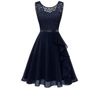 Berylove Women's Elegant Cocktail Dress with Ruffle Hem - A-Line Lace Evening Dress for Wedding, Short, Navy, S