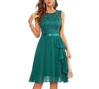 Berylove Women's Elegant Cocktail Dress With Ruffle Hem for Wedding - A Line Lace Evening Short Dress, Glitter Peacock Green, S