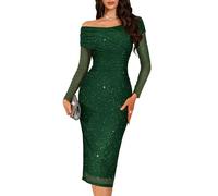 Berylove Womens Formal Off Shoulder Wedding Guest Dress Long Sleeve Elegant 2026 Fall Midi Sequin Cocktail Ruched Bodycon Mesh Maxi Evening Gown Stretch Wrap Bust Dresses DarkGreen XS