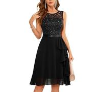 Berylove Women's Glitter Black S Cocktail Dress with Ruffle Hem, Sequins, A-Line, Knee-Length, Sleeveless, Round Neck, V Back, All Seasons, Solid, Rayon Lining, Machine Washable