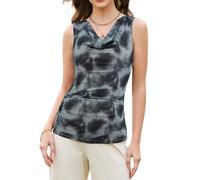 Berylove Womens Summer Casual Cowl Neck Top Sleeveless Blouse for Women Ruched Printed Vacation Tank Tops Print BlackGrey 2XL