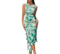 Berylove Womens Summer Wedding Guest Dress Ruched Bodycon Sleeveless Split Cocktail Party Midi Floral Beach Dresses 003 Print Green L