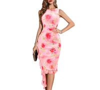 Berylove Womens Summer Wedding Guest Dress Ruched Bodycon Sleeveless Split Cocktail Party Midi Floral Beach Dresses 003 Print Rose M