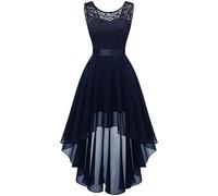Berylove Women's Vintage Floral Lace Chiffon Hi-Lo Wedding Formal Swing Dress 35NavyXS