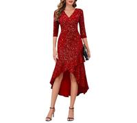 BeryLove Womens Wedding & Guest Dress - Sparkly Glitter 3/4 Sleeve Cocktail & Prom Dress - Elegant High Low 7065 - Red S