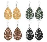 BERYOHZ 4 Pairs Carved Natural Wooden Dangle Earrings Retro Bohemian Earrings Set for Women, Wood, No Gemstone