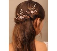 BERYUAN Flower Leaves Pearl Rhinestone Hair Pins Champagne Rhinestone Pearls Wedding Headband Rose Gold Wedding Hair Accessories Rose Gold Bridal Headpiece (2pcs)