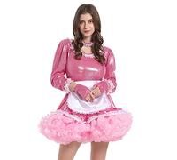 Berzial Sissy Maid Dress Mini Long Sleeves Dress Metallic Satin Lolita Cross Dress with Apron, Pink, X-Large