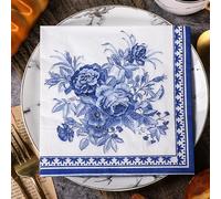BESALILY 20-Count Blue Floral Paper Napkins, 2-Ply/33x33cm, Disposable Party Napkins