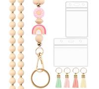 BESARME Teacher Lanyard with ID Holder Cute Wooden Beaded Lanyards for ID Card Badges Holder Boho Tassel Key Ring for Women（Rainbow）
