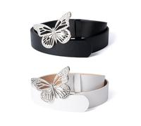 besbomig Women’s Faux Leather Jeans Belts Fashion Diamante Butterfly Print Belts for Dresses Pants 2 Pack