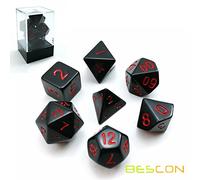 Bescon Polyhedral Dice Set Opaque Black with Red Numbers, Black RPG Dice Set of 7 d4 d6 d8 d10 d12 d20 d% Brick Box Pack