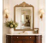 Besdomus Gold Vintage Arched Mirror: 76x112 CM Baroque Ornate Large Mirrors | Traditional Antique Resin Framed Carved Decorative Mirrors for Vanity/Fireplace Mantel/Entryway/Living Room