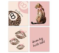 BESERH Trendy Leopard Wall Decor, Preppy Cheetah Wall Art Prints, Funky Pink Leopard Print Lucky 8 Ball Lips Posters for Girls Room Dorm Apartment, 8x10 Inches Set of 4 Unframed