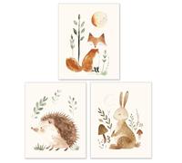 BESERH Woodland Animals Nursery Wall Art Prints Set of 3, Cute Hedgehog Fox Hare Posters Wall Decor for Boys Girls, 8x10 Inches Unframed