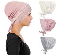 Besforta 3 Pcs Women Inner Hijab Undercap for Muslim Islamic, Lace Cotton Under Hijab Cap Beanie Underscarf Hat Turban, Beige, Pink, Gray, One Size