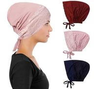 Besforta 3 Pcs Women Inner Hijab Undercap for Muslim Islamic, Lace Cotton Under Hijab Cap Beanie Underscarf Hat Turban, Navy, Pink, Wine Red, One Size