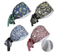 Besforta 4 Pcs Satin Lined Scrub Caps Women Adjustable Nurse Surgical Hat with Buttons Sweatband Ponytail Working Cap with Tie Back