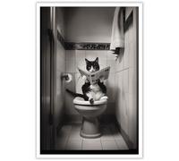 Beshdomp Vintage Cute Cat Reading On Toilet Newspaper Posters Black And White Canvas Wall Art Funny Animals Room Aesthetic Prints Painting For Home Bedroom Dorm Wall Decor 12x16in Unframed