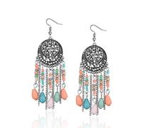 BESHEEK Silvertone Pastel Boho Chandelier Statement Dream Catcher Earrings for Women Dangle Jewelry Handmade Hypoallergenic Boho Beach Gala Wedding Style Fashion Accessories, Zinc, No Gemstone