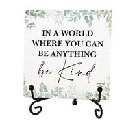 Beshoul Sage Green Eucalyptus Desk Decor, Be Kind Motivational Sign, Inspirational Quote Gifts Wooden Plaque with Stand for Home Office Living Room Desk Decor 5 x 5 Inches - G09