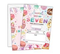 Beshoul Sweet Sassy and Seven Birthday Invitations Girl- Pink 7th Bday Invites with Envelopes (25-Count) - Sweet Candy Party Invite Cards for Party Supplies Favors Decorations-H07