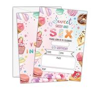 Beshoul Sweet Sassy and Six Birthday Invitations Girl- Pink 6th Bday Invites with Envelopes (25-Count) - Sweet Candy Party Invite Cards for Party Supplies Favors Decorations-H06