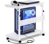 Besiost Computer Tower Stand with Power Strips, 4 Levels Manual Height Adjustable PC Tower Stand for Under Desk, Mobile Rolling CPU Holder, Computer Cart with Wheels, 24", Carbon Fiber White
